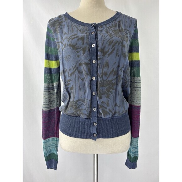 Sundance Multi Media Cardigan Blue Purple Stripe Floral Medium Linen Silk - Picture 1 of 11